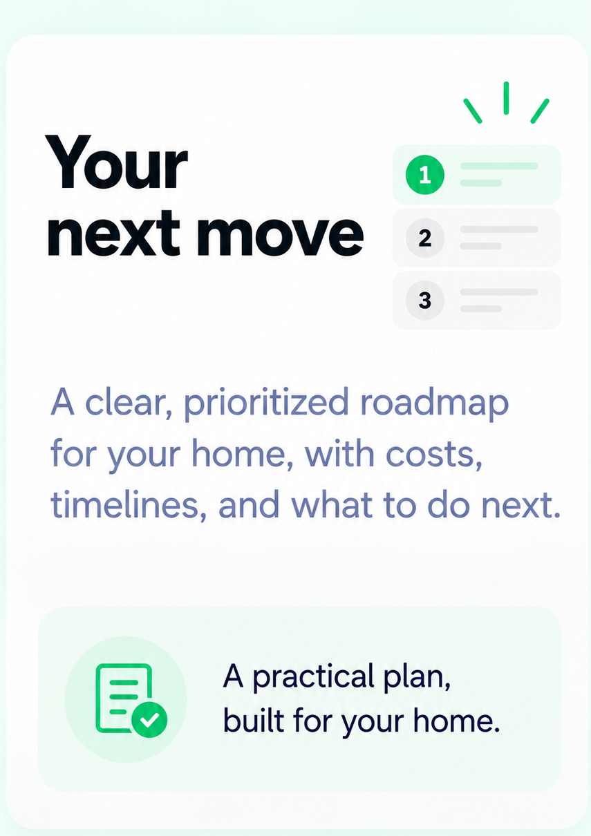 Card, Your next move. A clear, prioritized roadmap for your home, with costs, timelines, and what to do next — a practical plan, built for your home. Illustrated with a ranked list of three rows whose first row is highlighted.