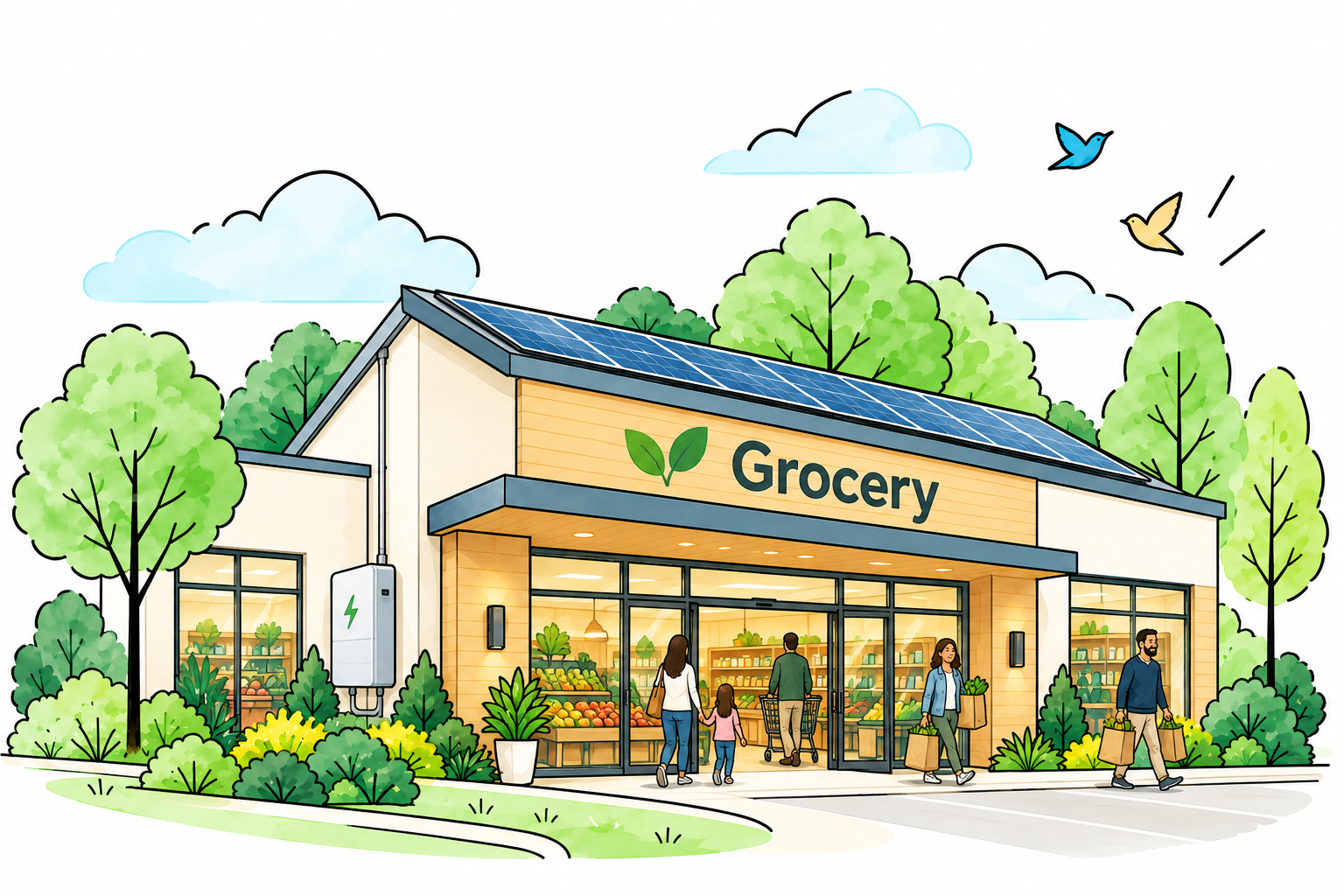 Illustration of a neighbourhood grocery store with rooftop solar panels and a battery on the outside wall, shoppers coming and going