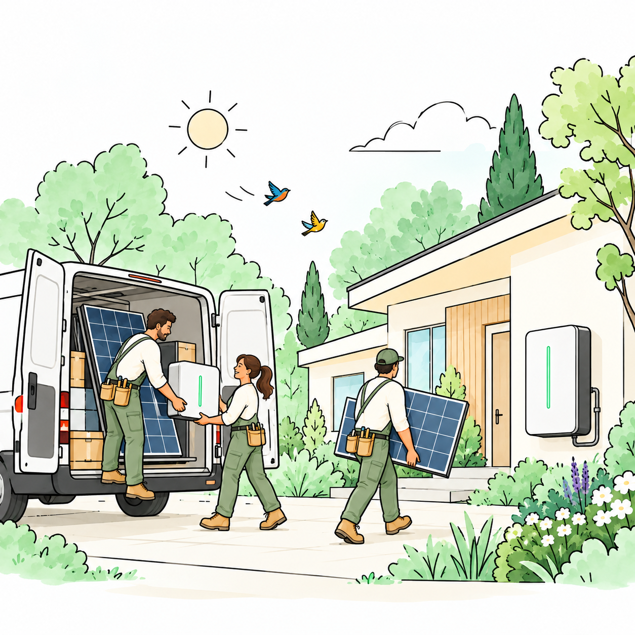 Illustration of a three-person crew unloading solar panels and a battery from a van and carrying them to a house
