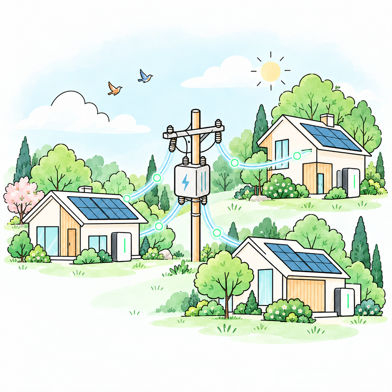 Illustration of three houses with rooftop solar panels and wall batteries linked to a local utility pole and transformer