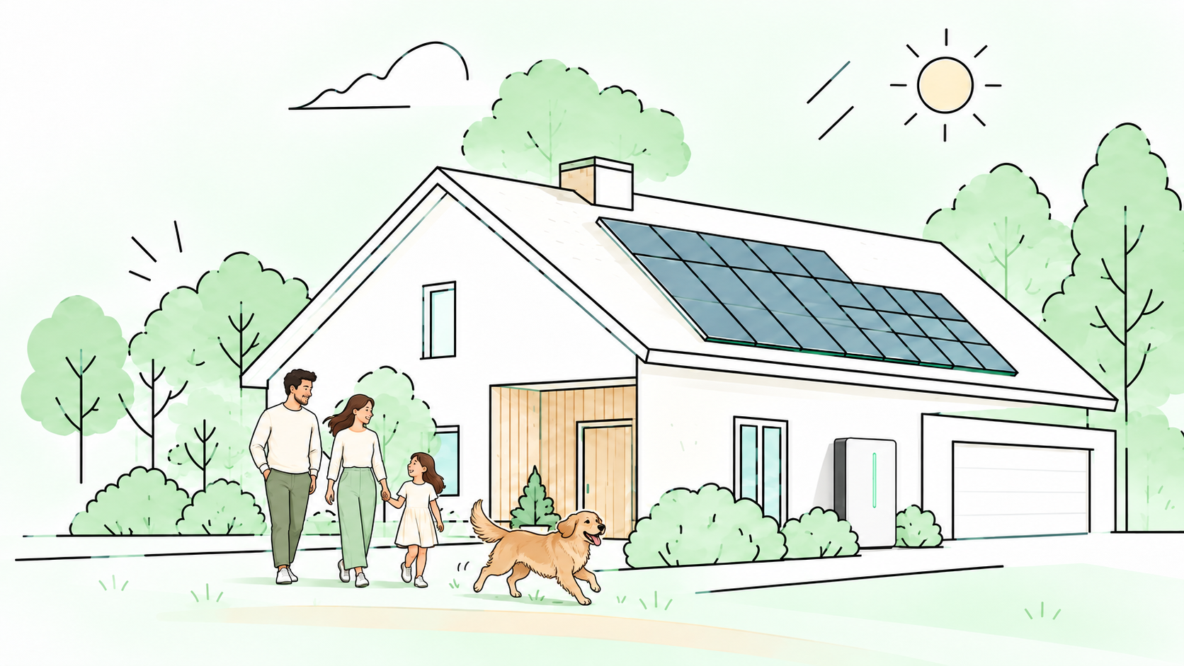 Illustration of a family and a dog walking past a house with
                  rooftop solar panels and a battery on the wall